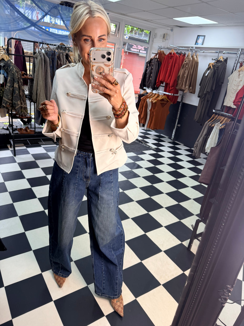 Cropped Military Long Sleeve Blazer Cream