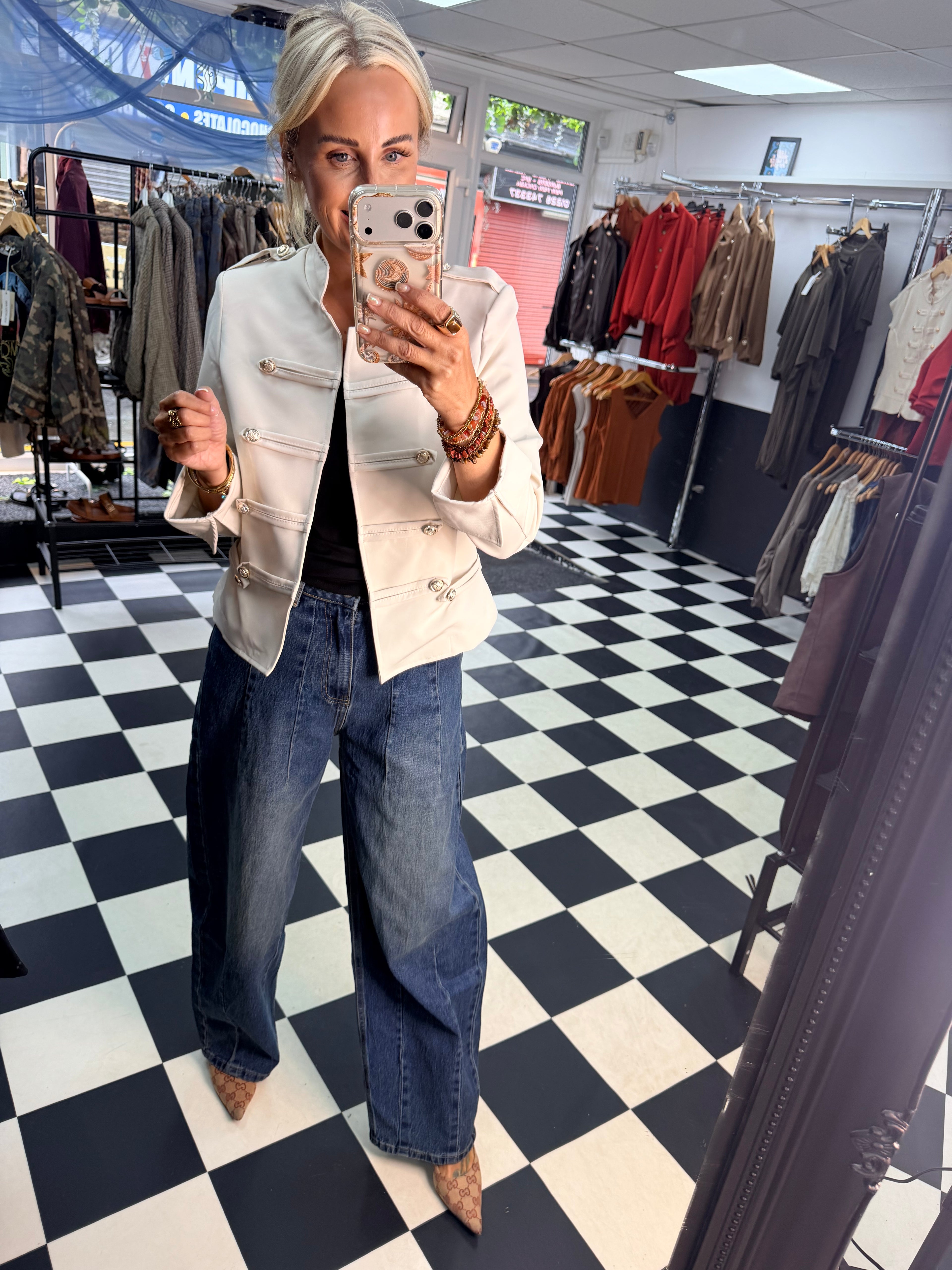 Cropped Military Long Sleeve Blazer Cream