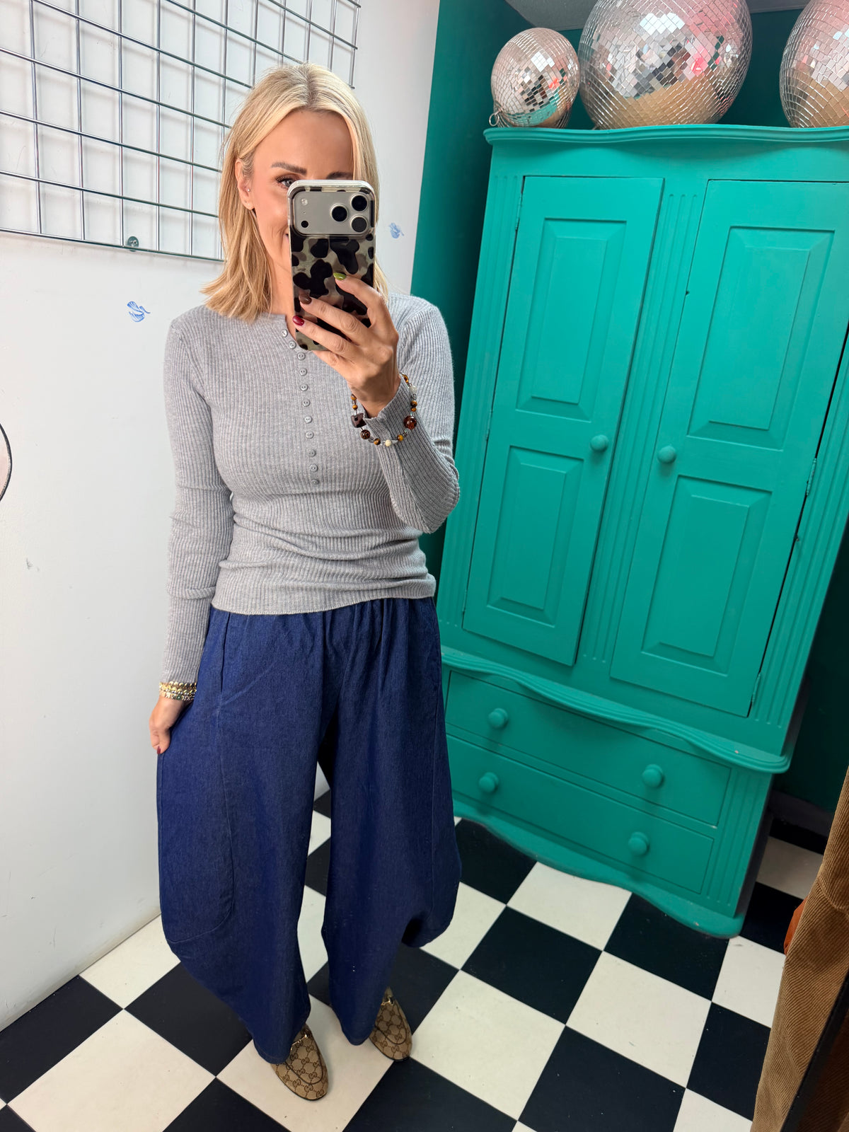 Ribbed Button Down Top Grey
