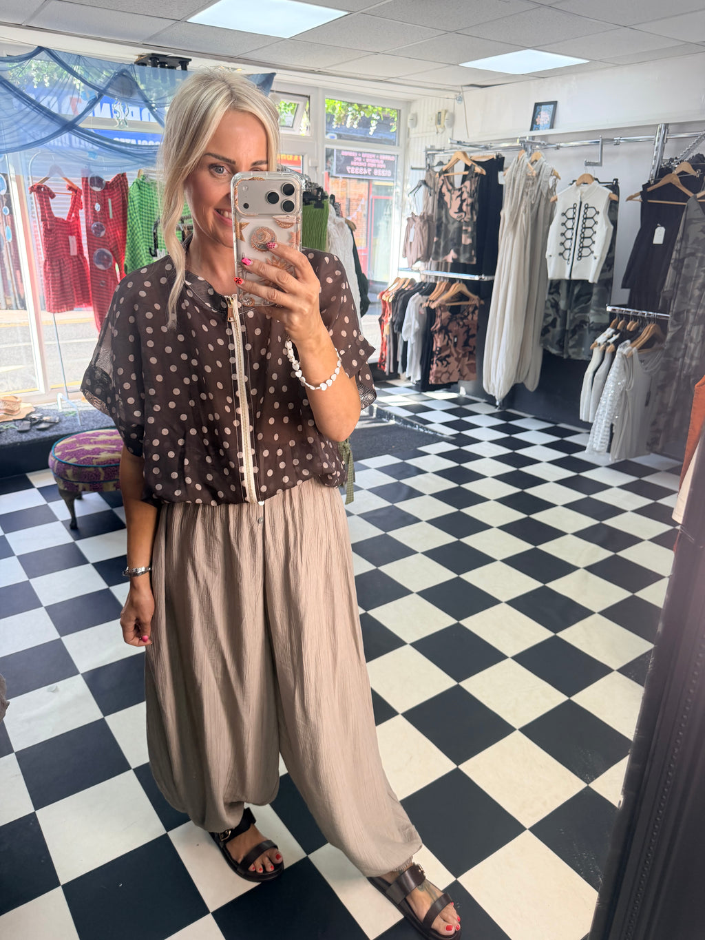 Lightweight Cropped Sleeve Jacket - Chocolate Polka Dot