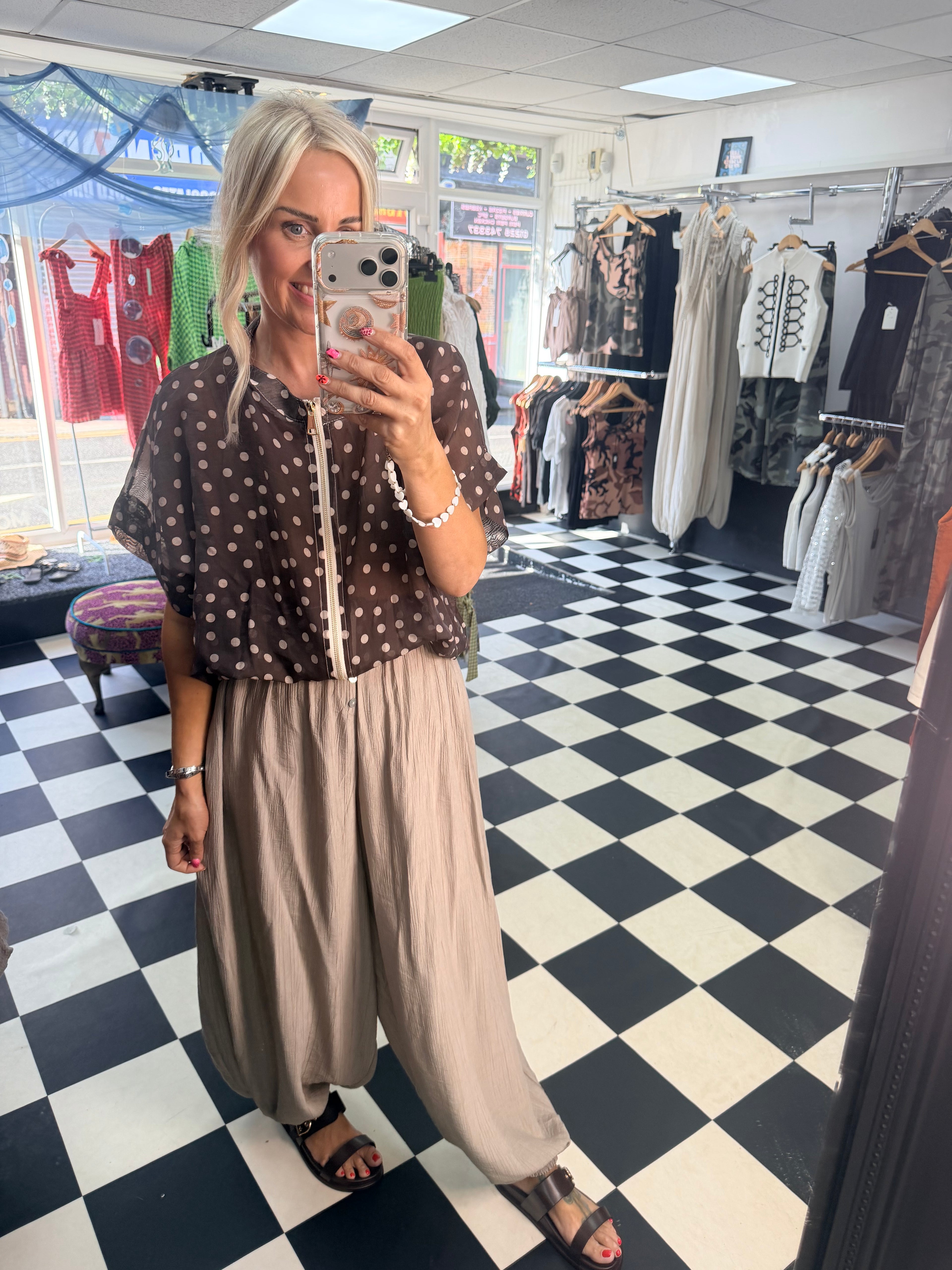 Lightweight Cropped Sleeve Jacket - Chocolate Polka Dot
