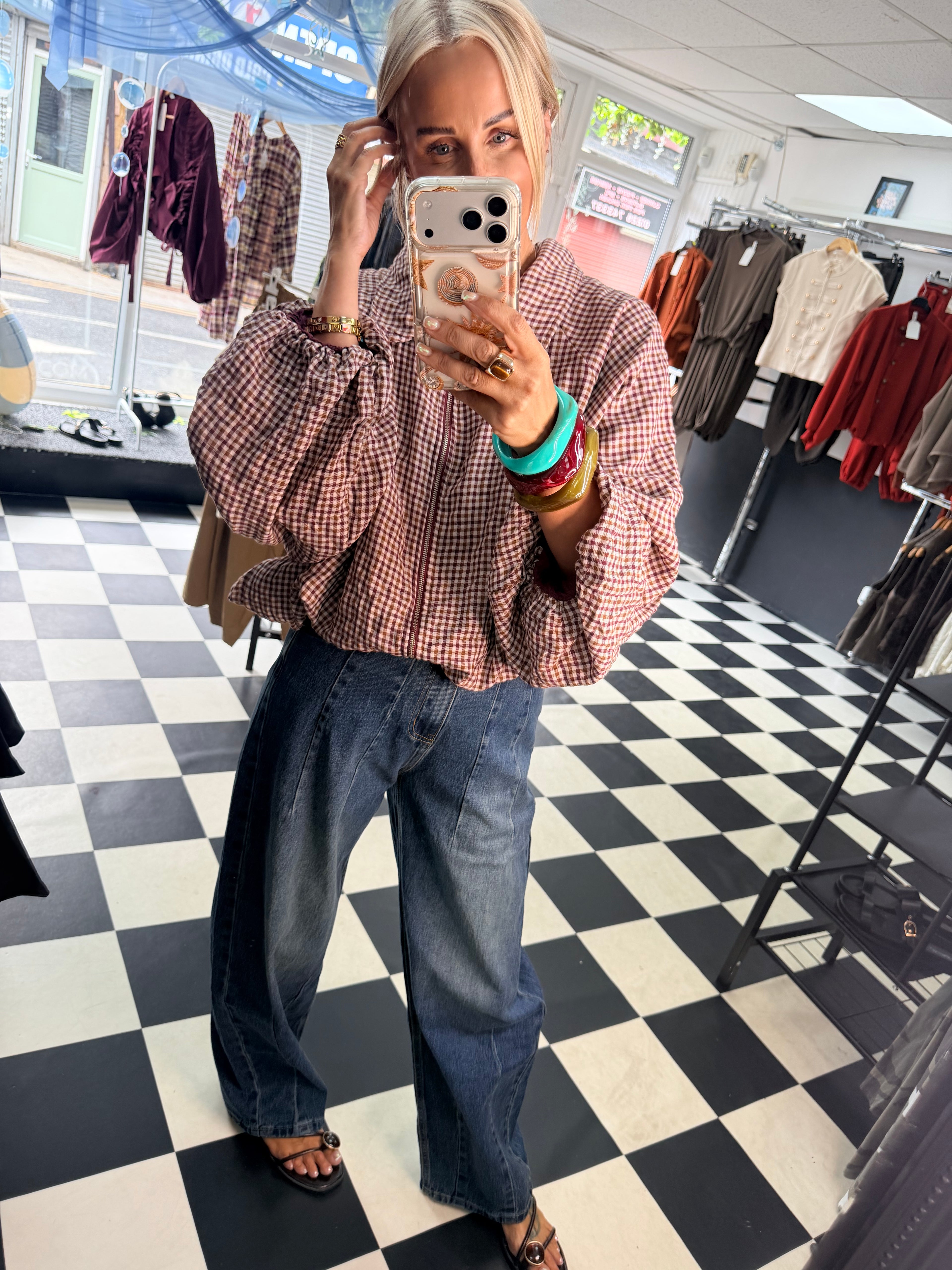 Plaid Slouchy Bomber Wine