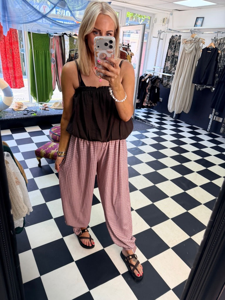 Check Tie Hem Trousers Rose Pink