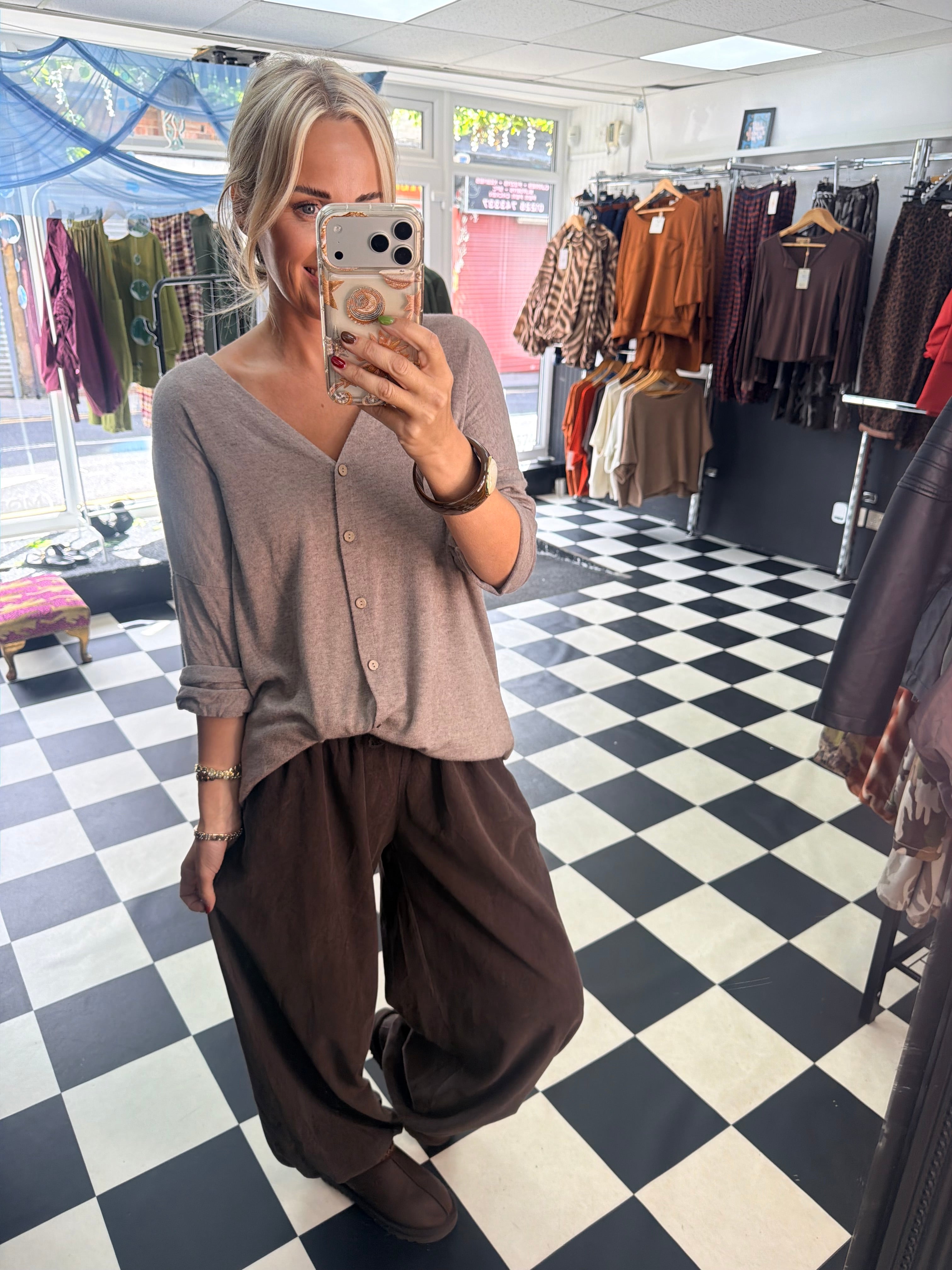 V Neck Cardigan Taupe