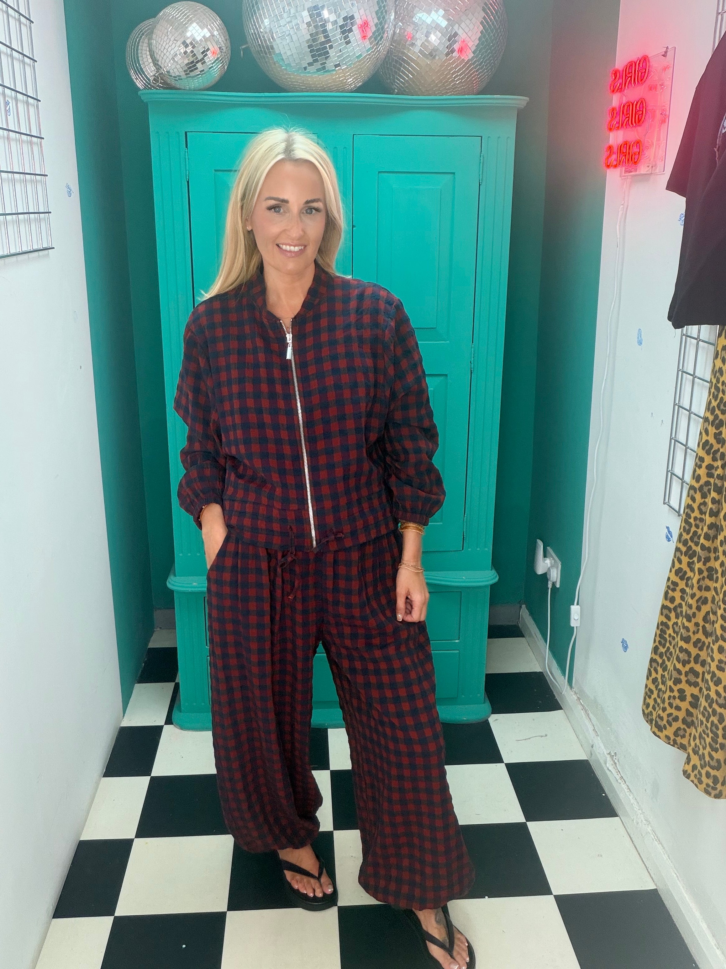 Autumn Check Balloon Trousers Wine/Navy