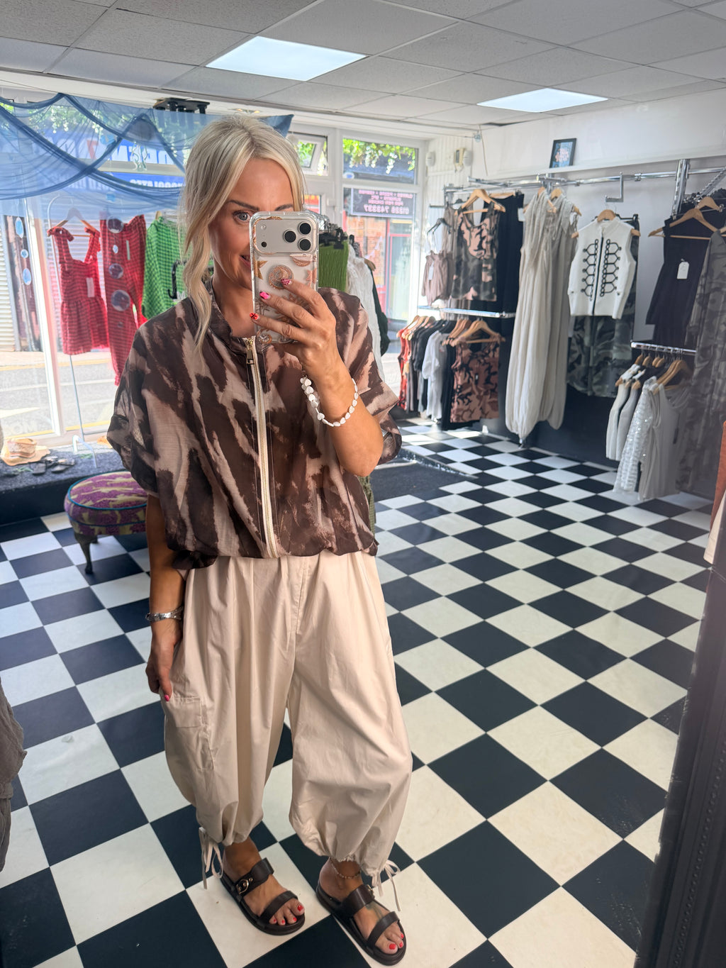 Lightweight Cropped Sleeve Jacket - Coffee and Cream
