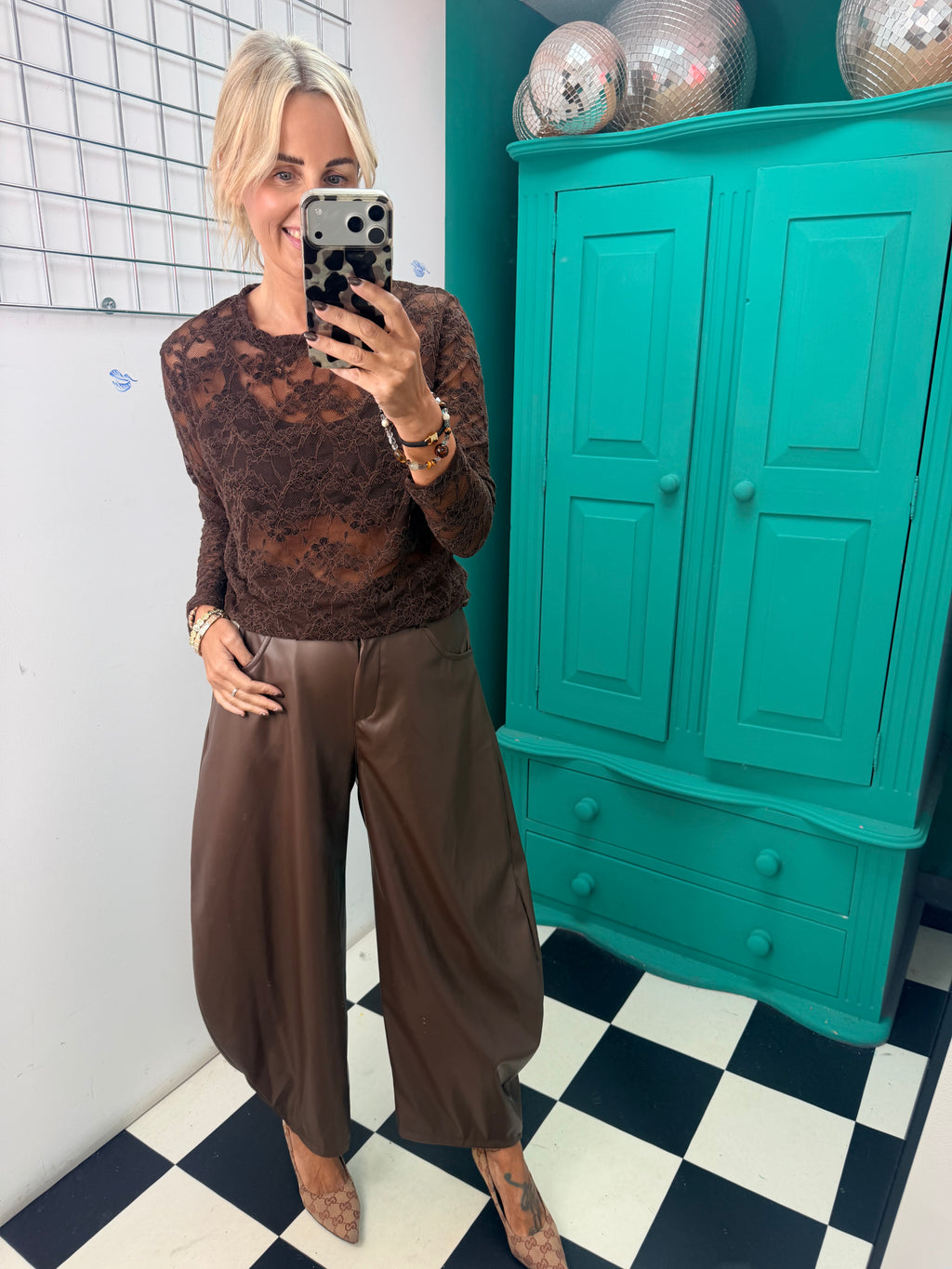 Bella Faux Leather Barrel Trousers Chocolate