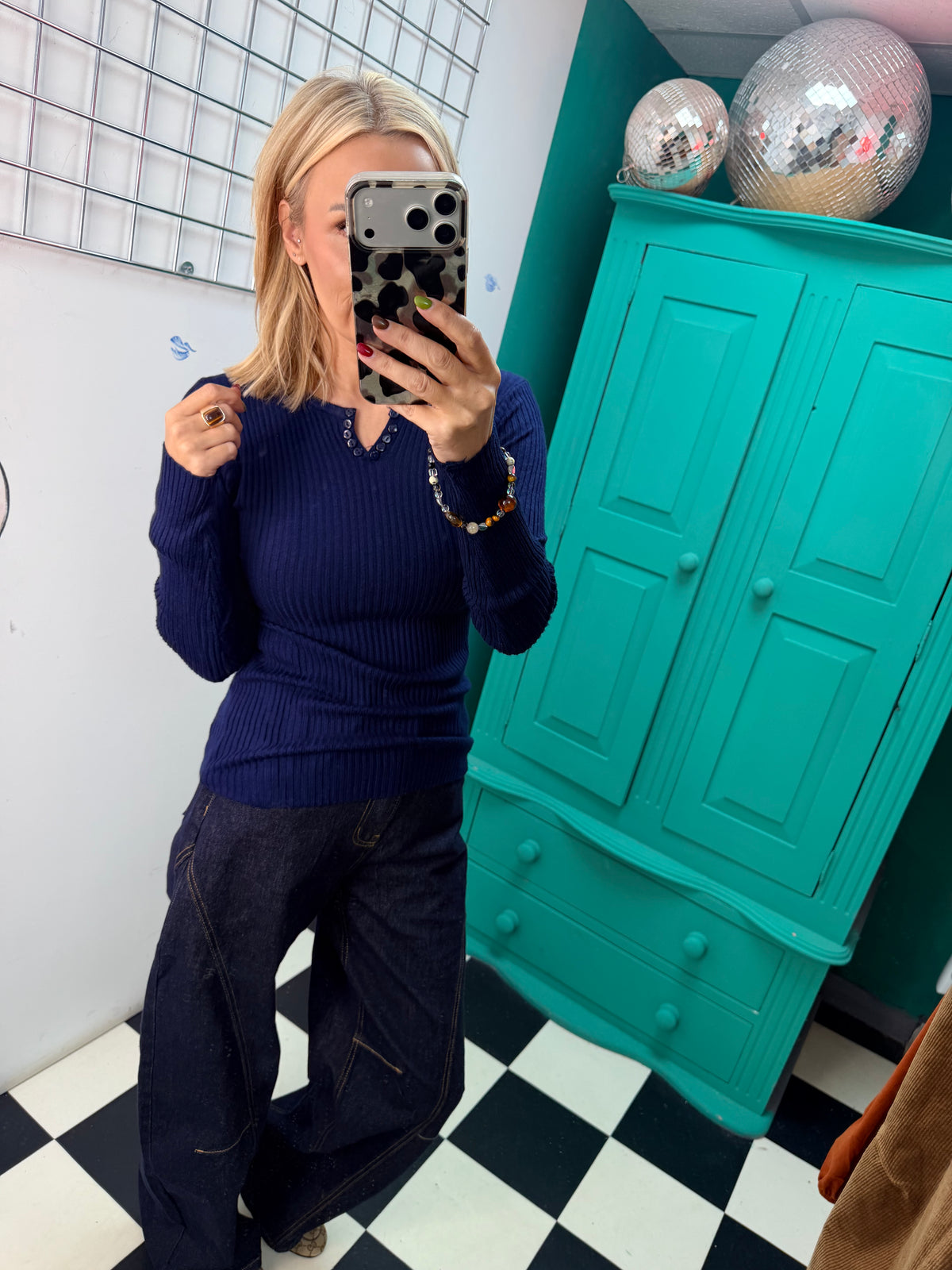 Ribbed Button V Top Navy