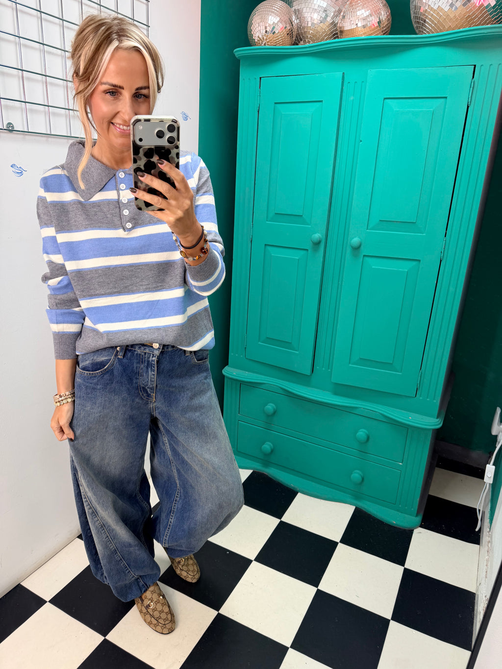 The Stripe Club Polo Jumper Blue-Grey-Cream Special buy