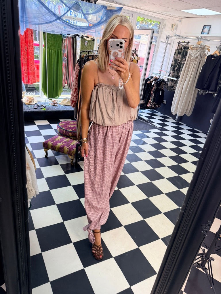 Check Tie Hem Trousers Rose Pink