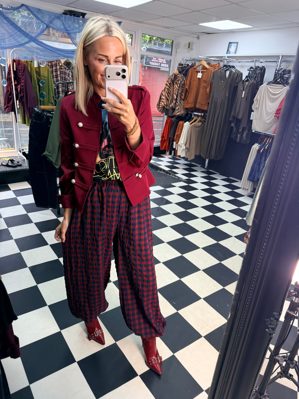 Autumn Check Balloon Trousers Wine/Navy
