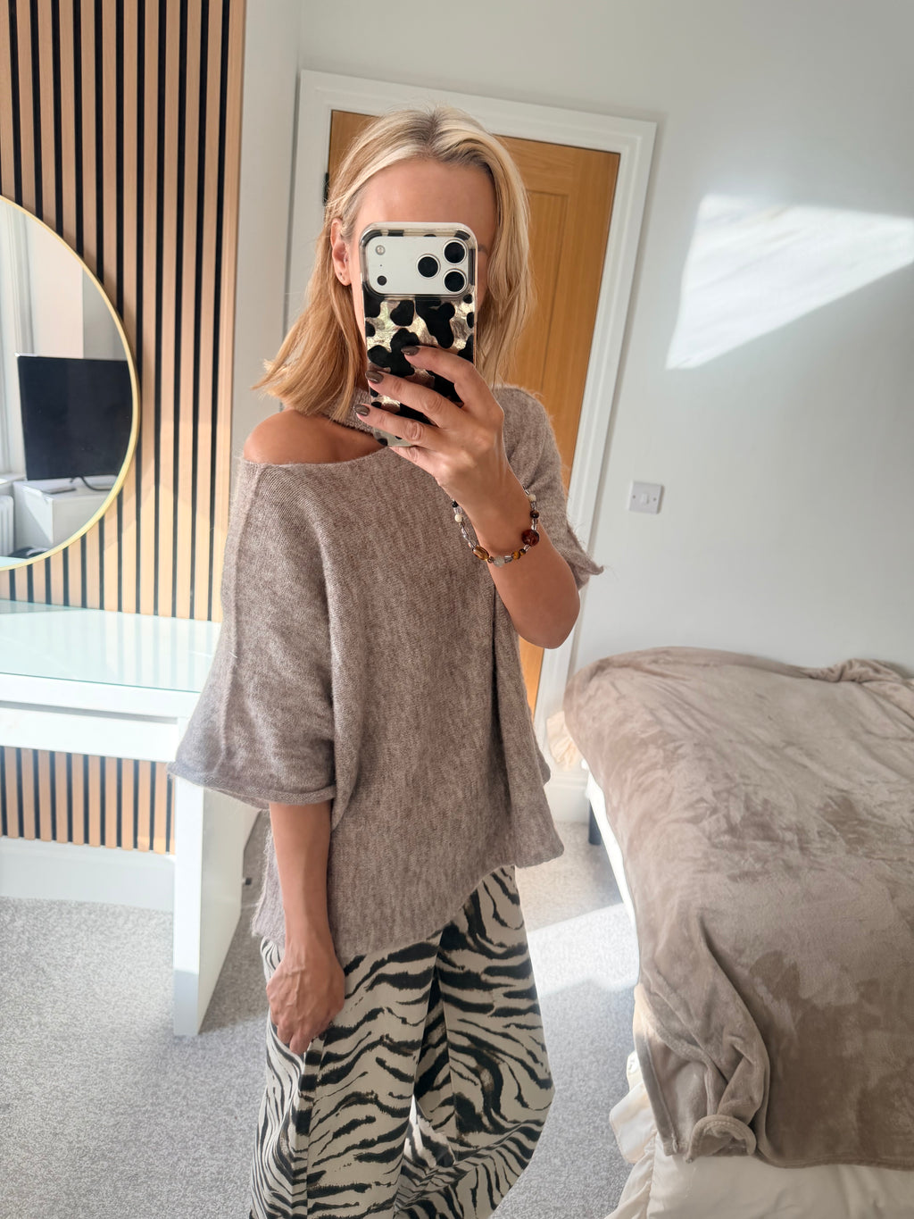 Slash Neck Jumper Oatmeal Short Sleeve