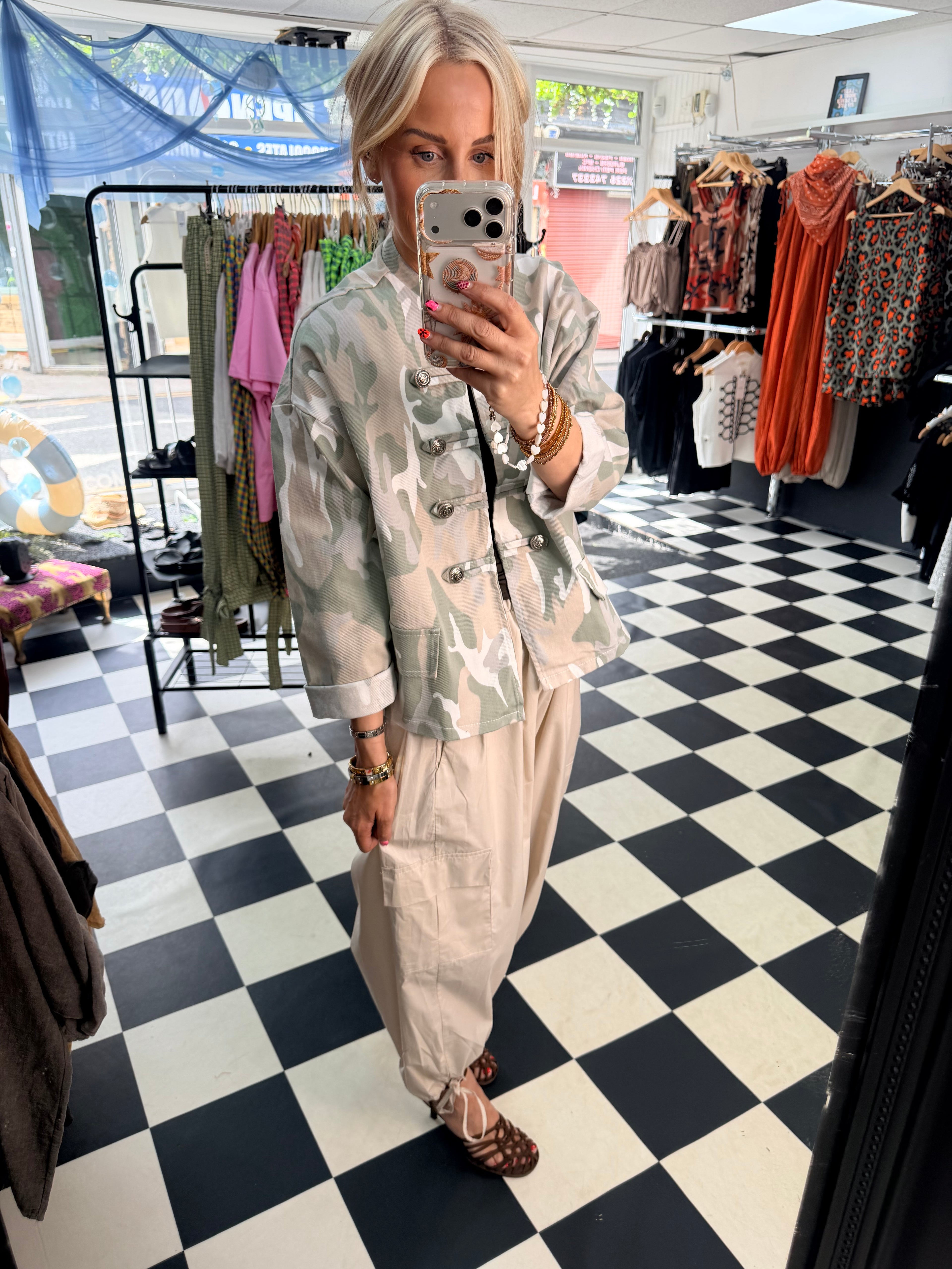 Camo Denim Military Jacket Light Beige