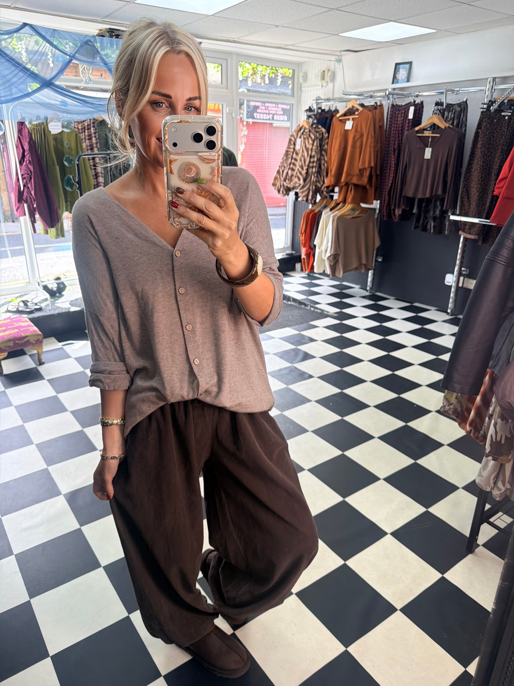 V Neck Cardigan Taupe