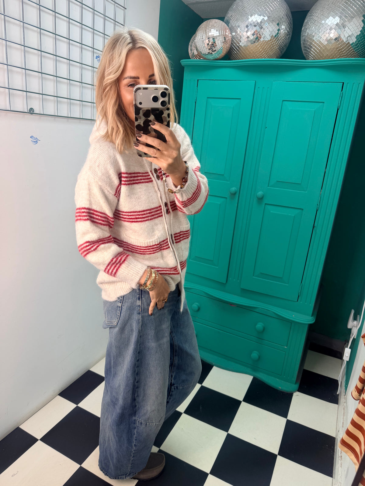Stipe hooded cardigan Cream and Red