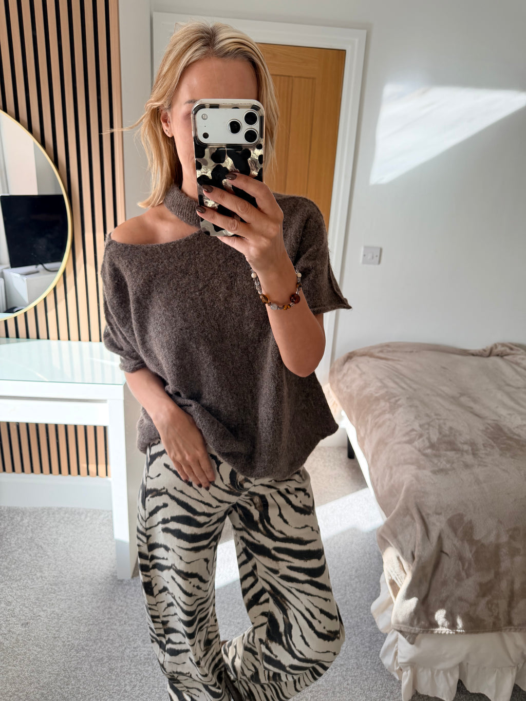 Slash Neck Jumper Mocha Short Sleeve