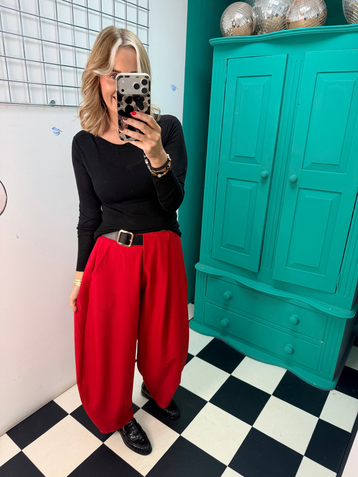 The Harper Half Belt Barrel Trousers Red Pre Order Due in within a week