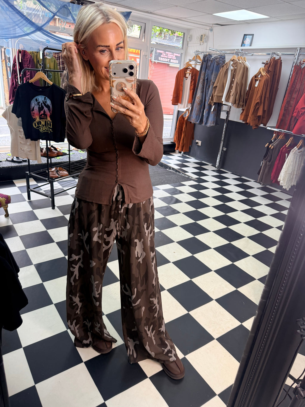 Button Long Sleeve Top Chocolate