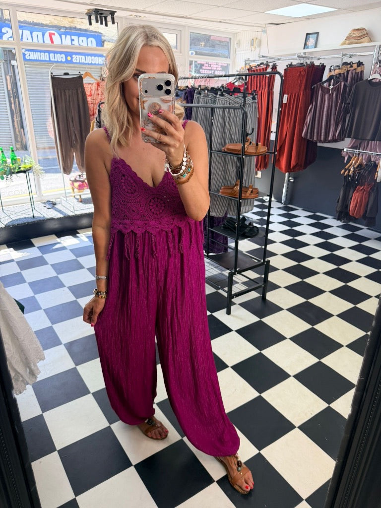 Boho Crochet Jumpsuit Magenta