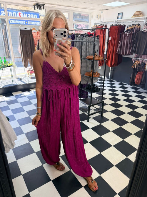 Boho Crochet Jumpsuit Magenta