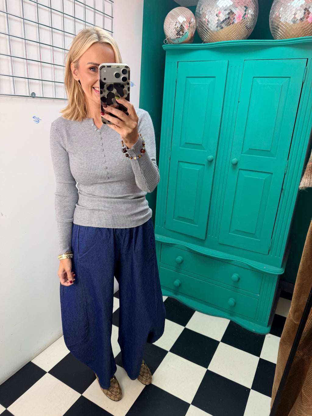 Ribbed Button Down Top Grey