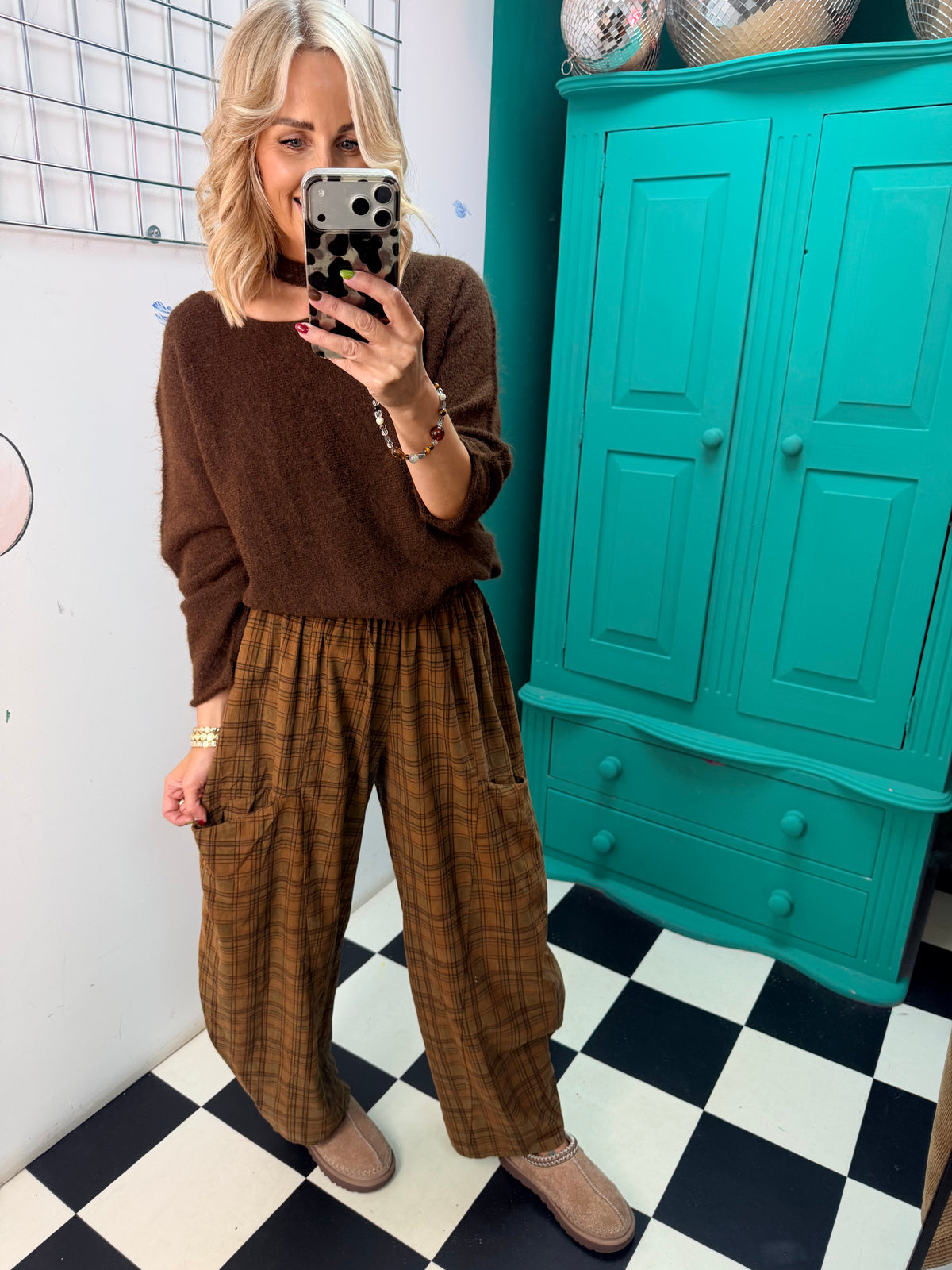Barrel leg check trousers - Green
