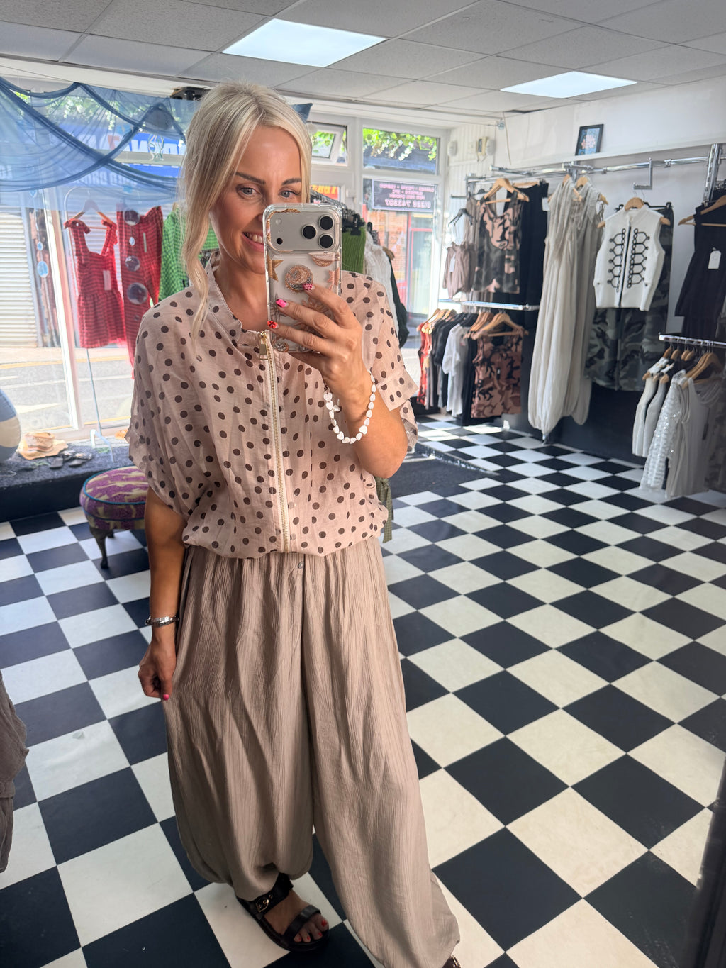 Lightweight Cropped Sleeve Jacket - Cream Polka Dot