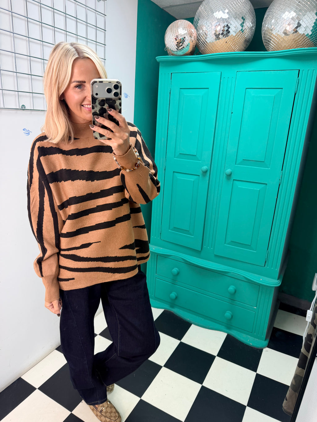 Turtle Neck Jumper Lightning Print Tan Special Buy