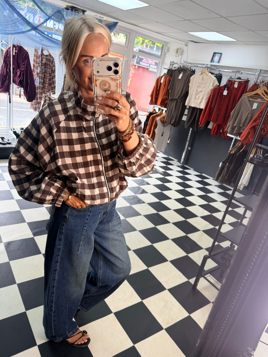 Check Bomber Jacket Chocolate