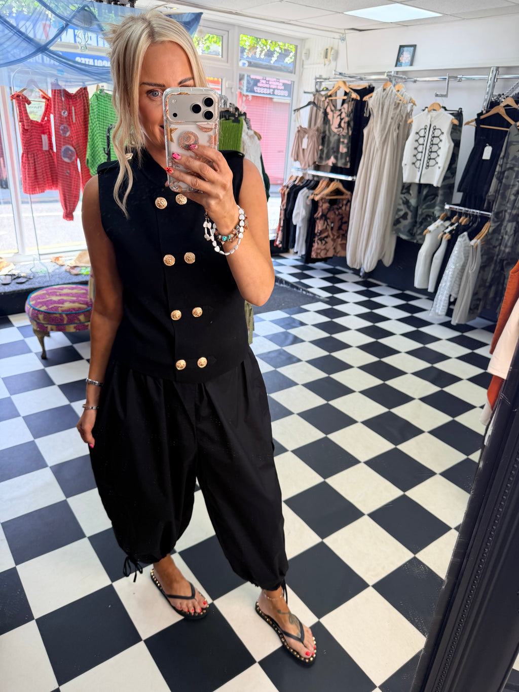 Cargo Trousers crop with tie hem Black