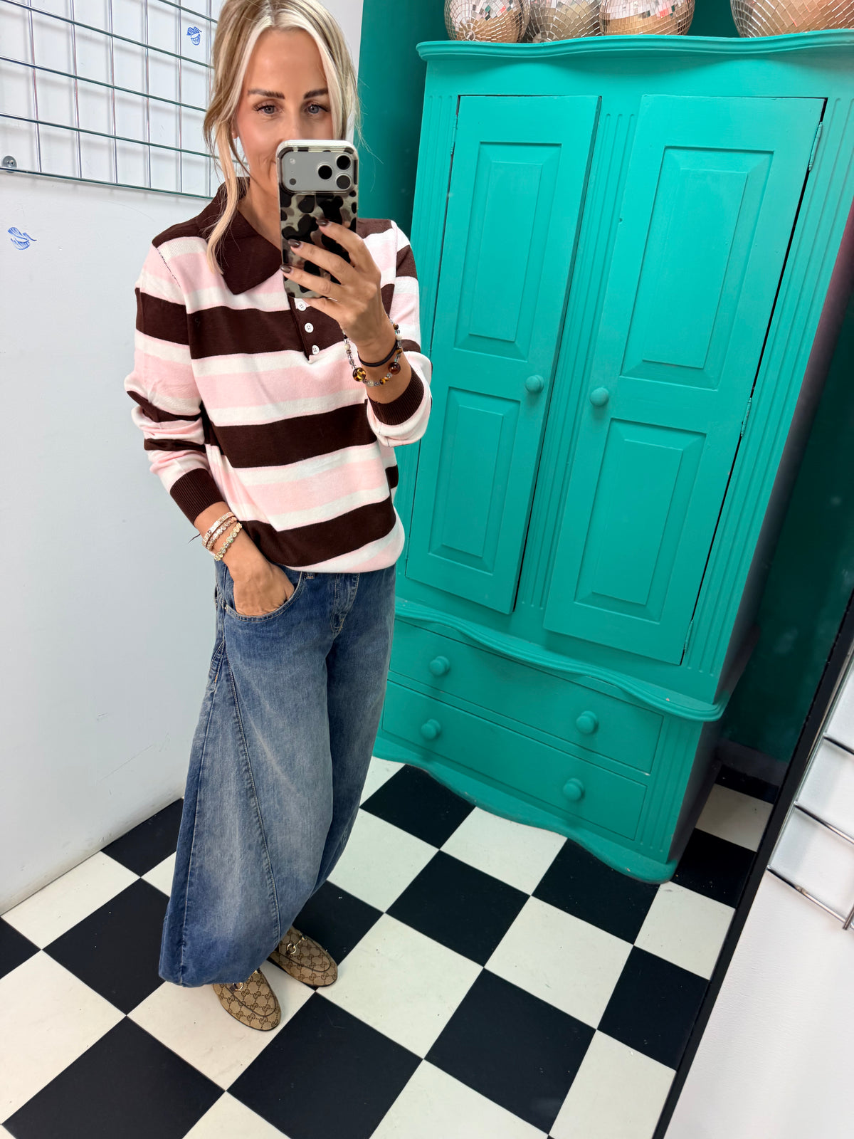 The Stripe Club Polo Jumper Chocolate -Cream -Pink Special buy