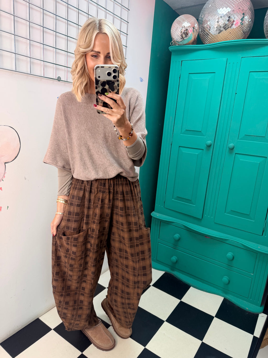 Barrel leg check trousers - Chocolate