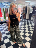 Camo Print Wide Leg Trousers Khaki