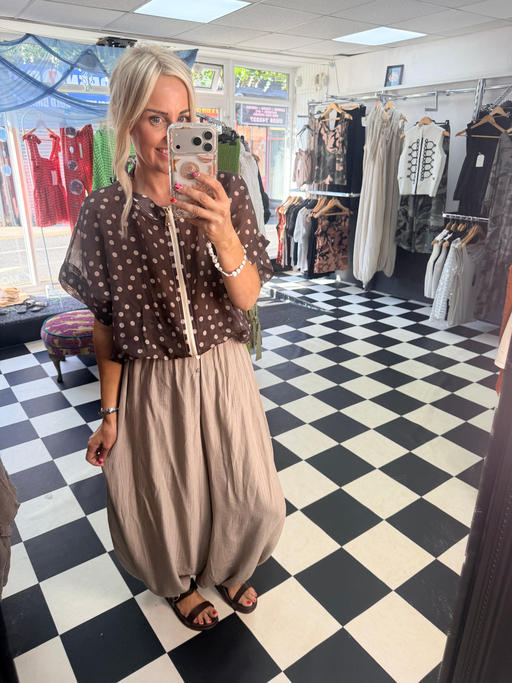 Lightweight Cropped Sleeve Jacket - Chocolate Polka Dot