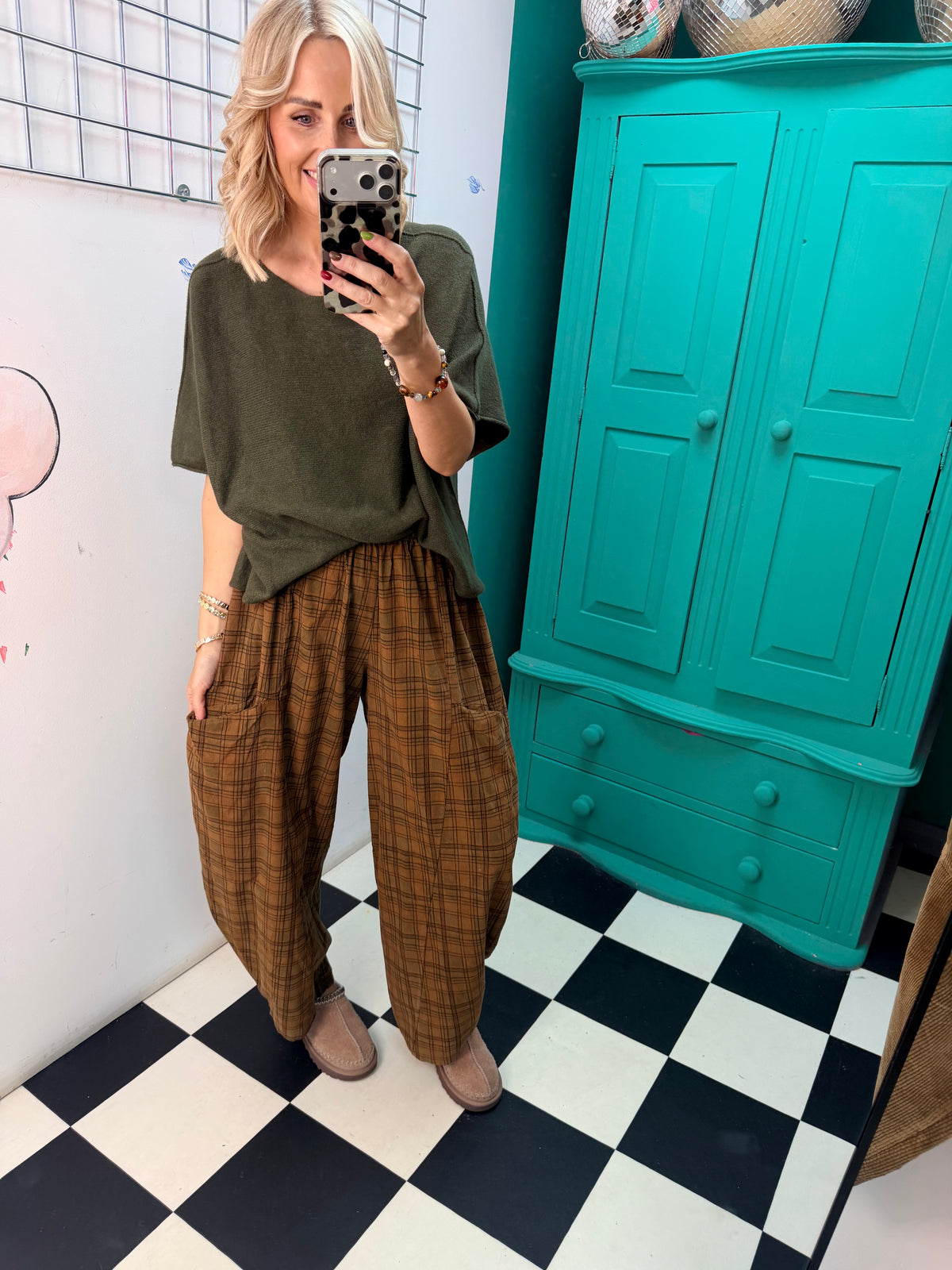 Barrel leg check trousers - Green