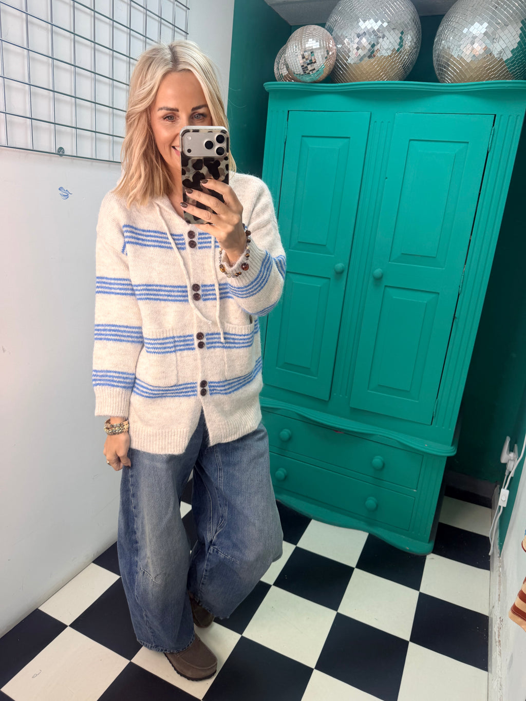 Stipe hooded cardigan Cream and Blue