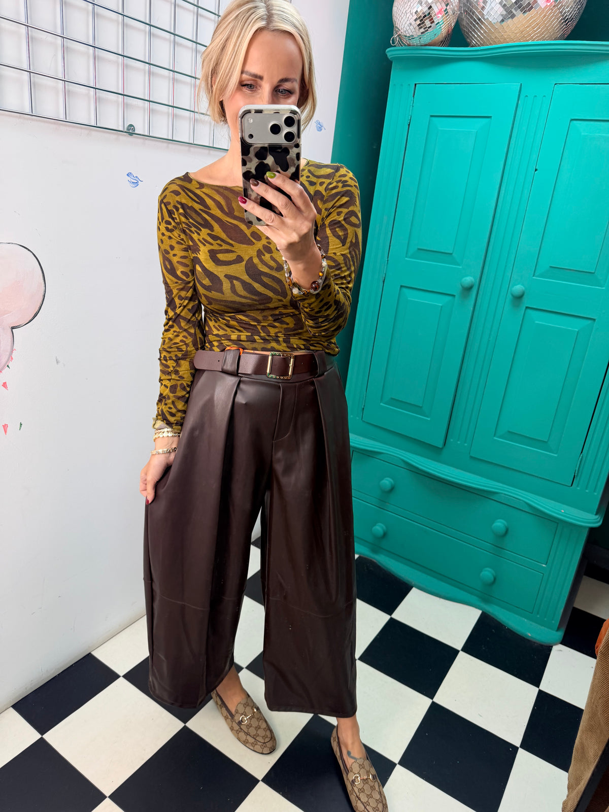 Cashmere Blend Leopard Top Green and Chocolate