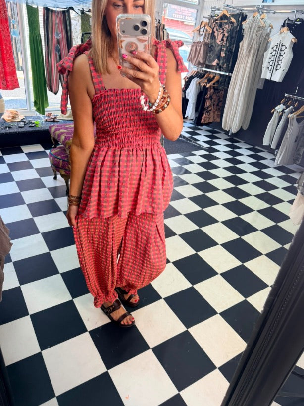 Neon Gingham Shirred   Cami  Slate/Coral