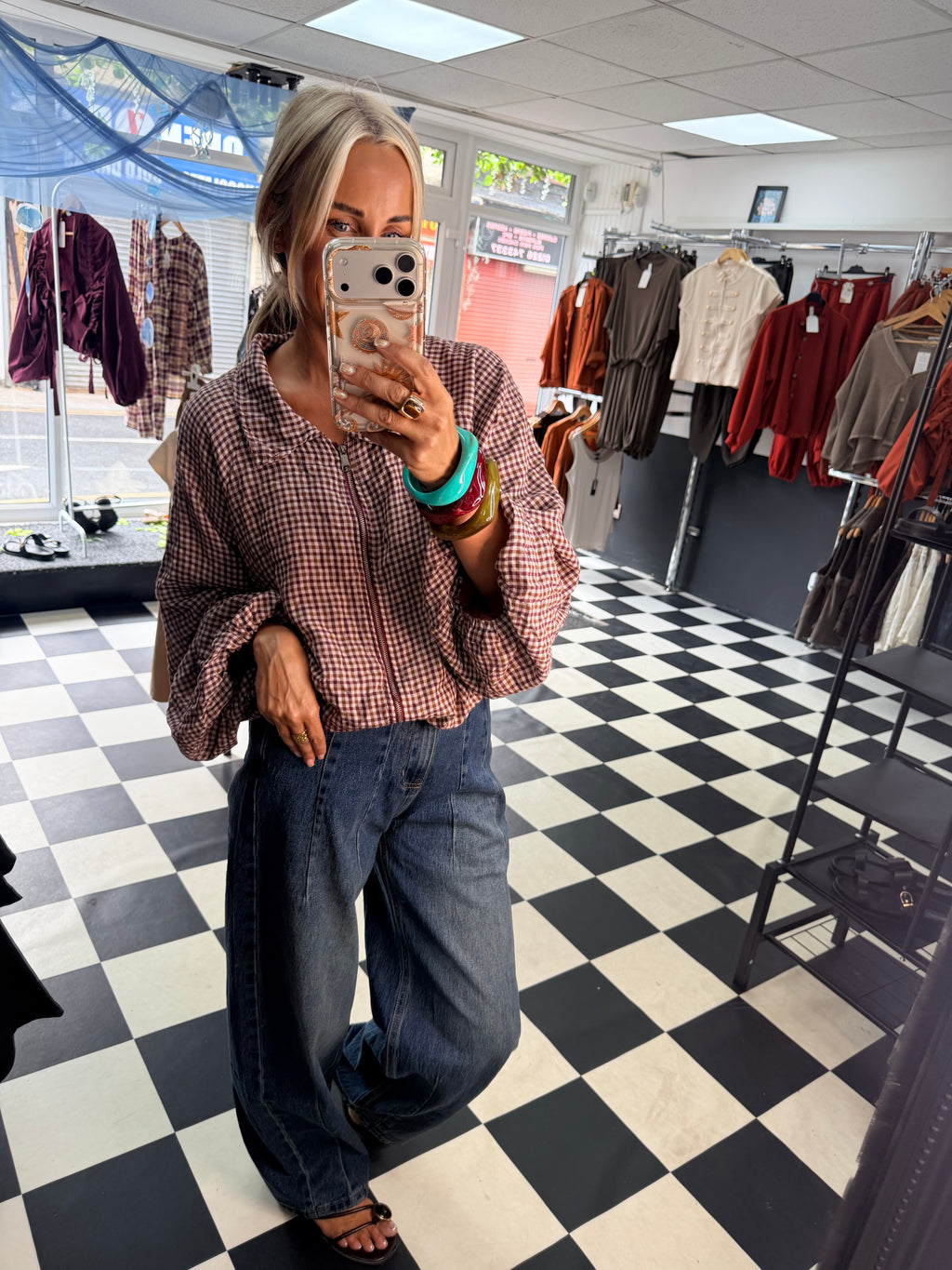 Plaid Slouchy Bomber Wine