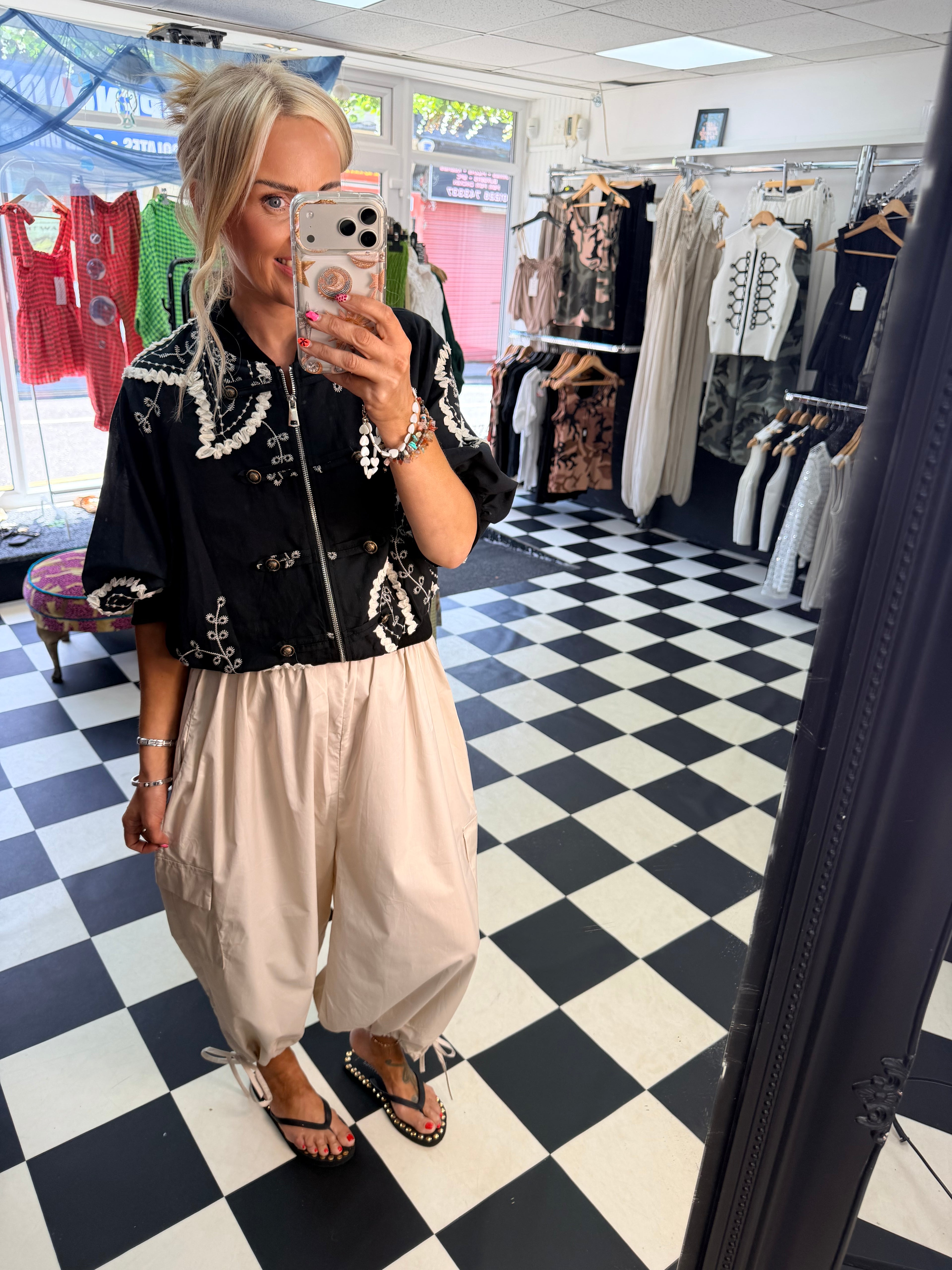Cargo Trousers crop with tie hem Cream