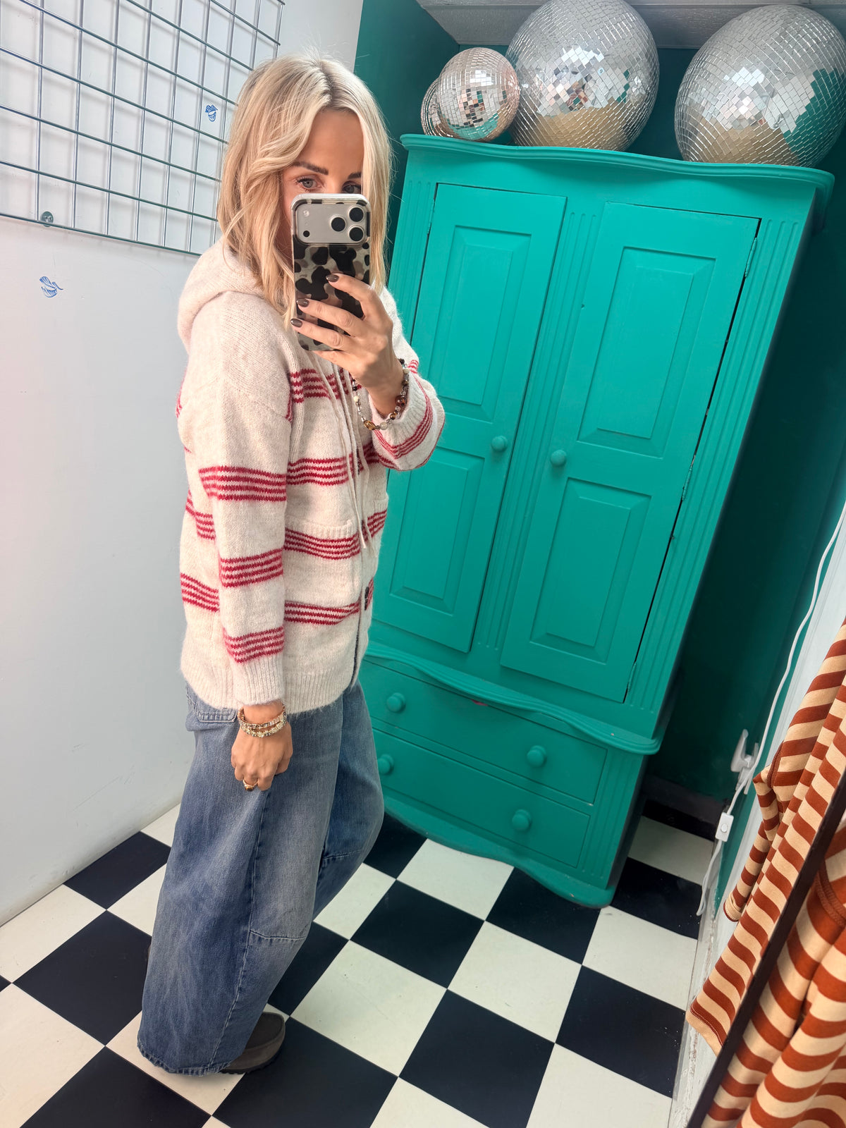 Stipe hooded cardigan Cream and Red