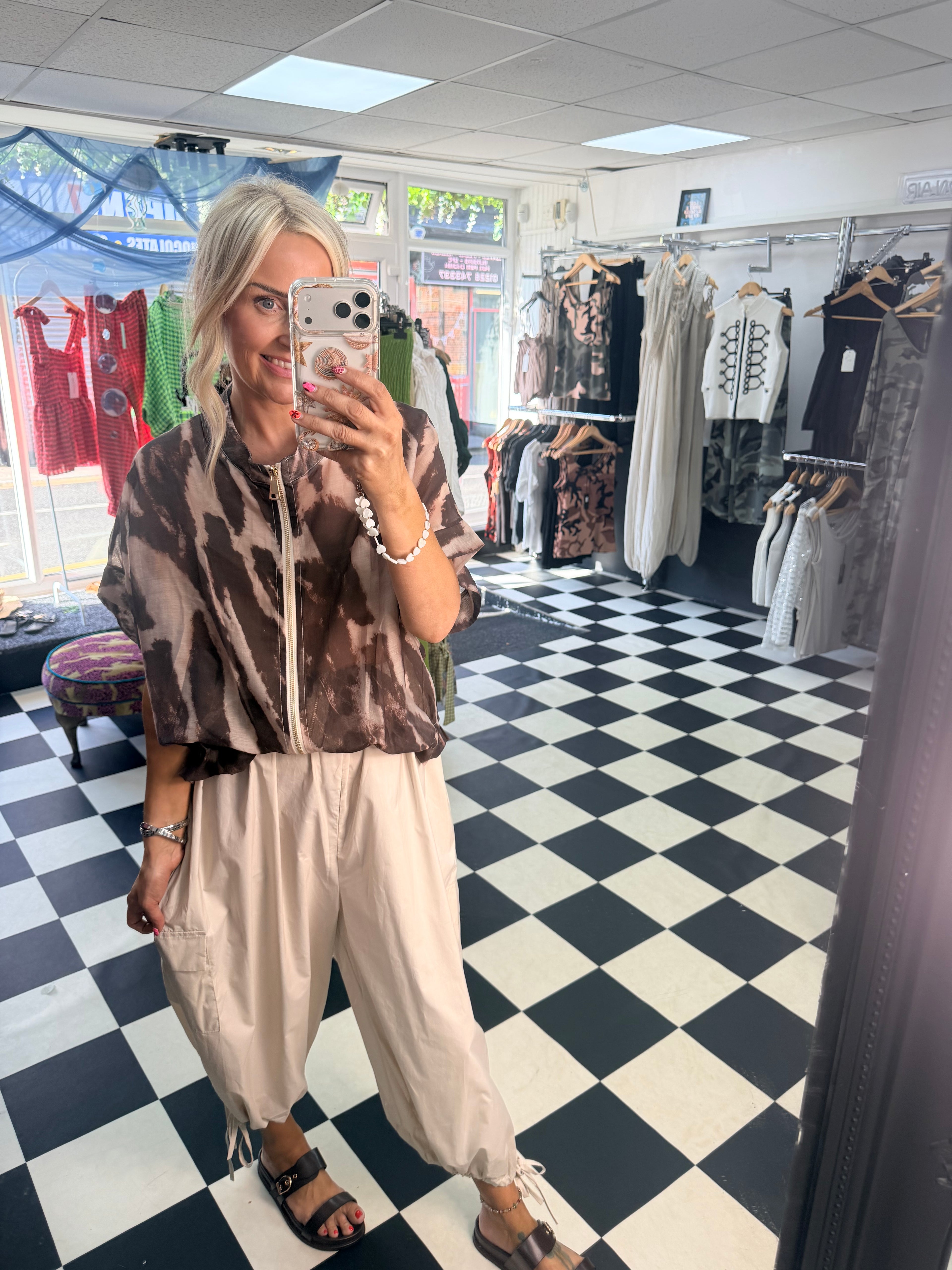 Lightweight Cropped Sleeve Jacket - Coffee and Cream