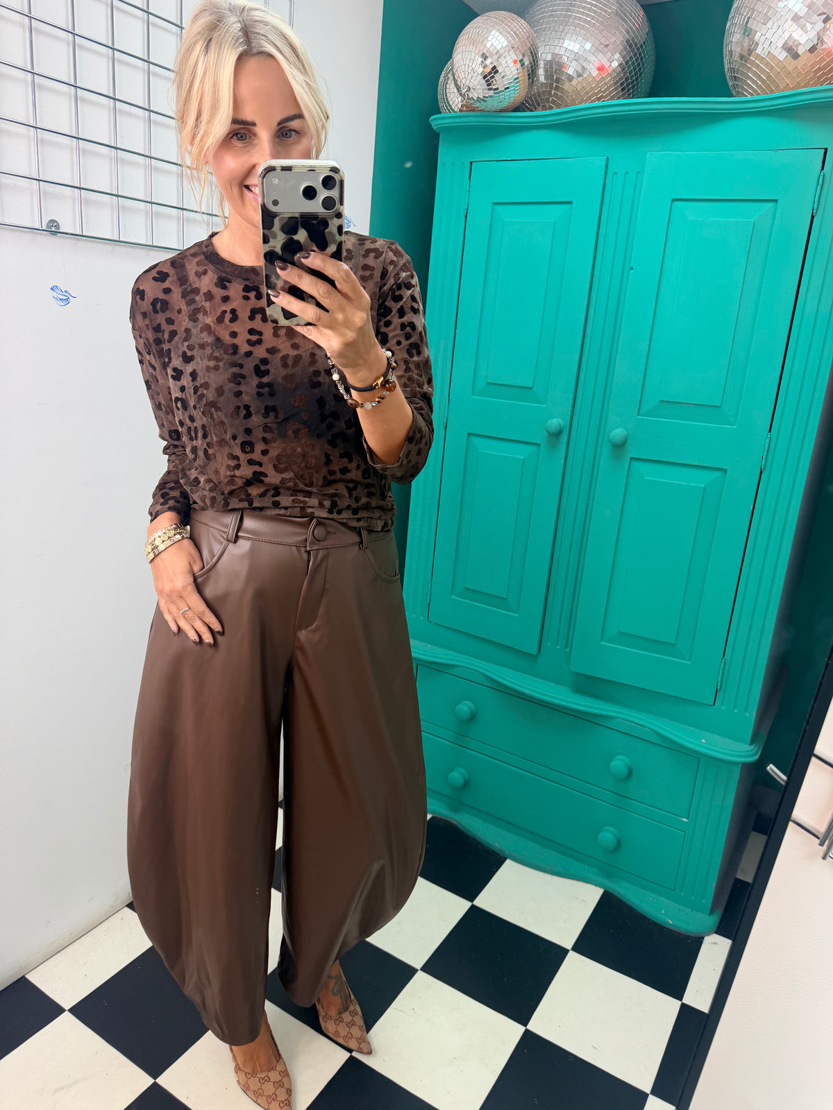 Bella Faux Leather Barrel Trousers Chocolate