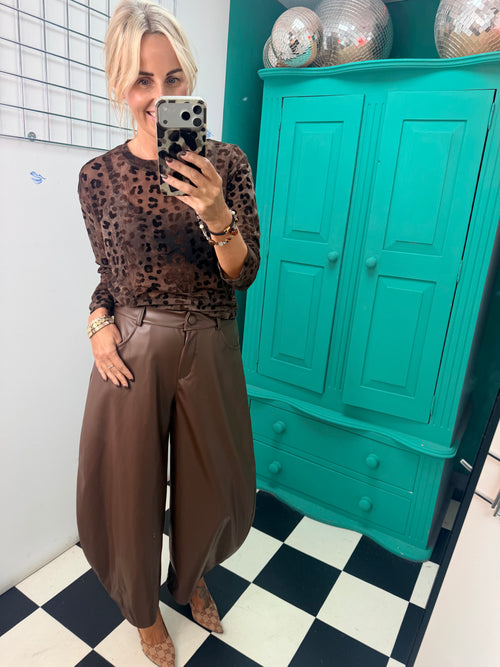Bella Faux Leather Barrel Trousers Chocolate