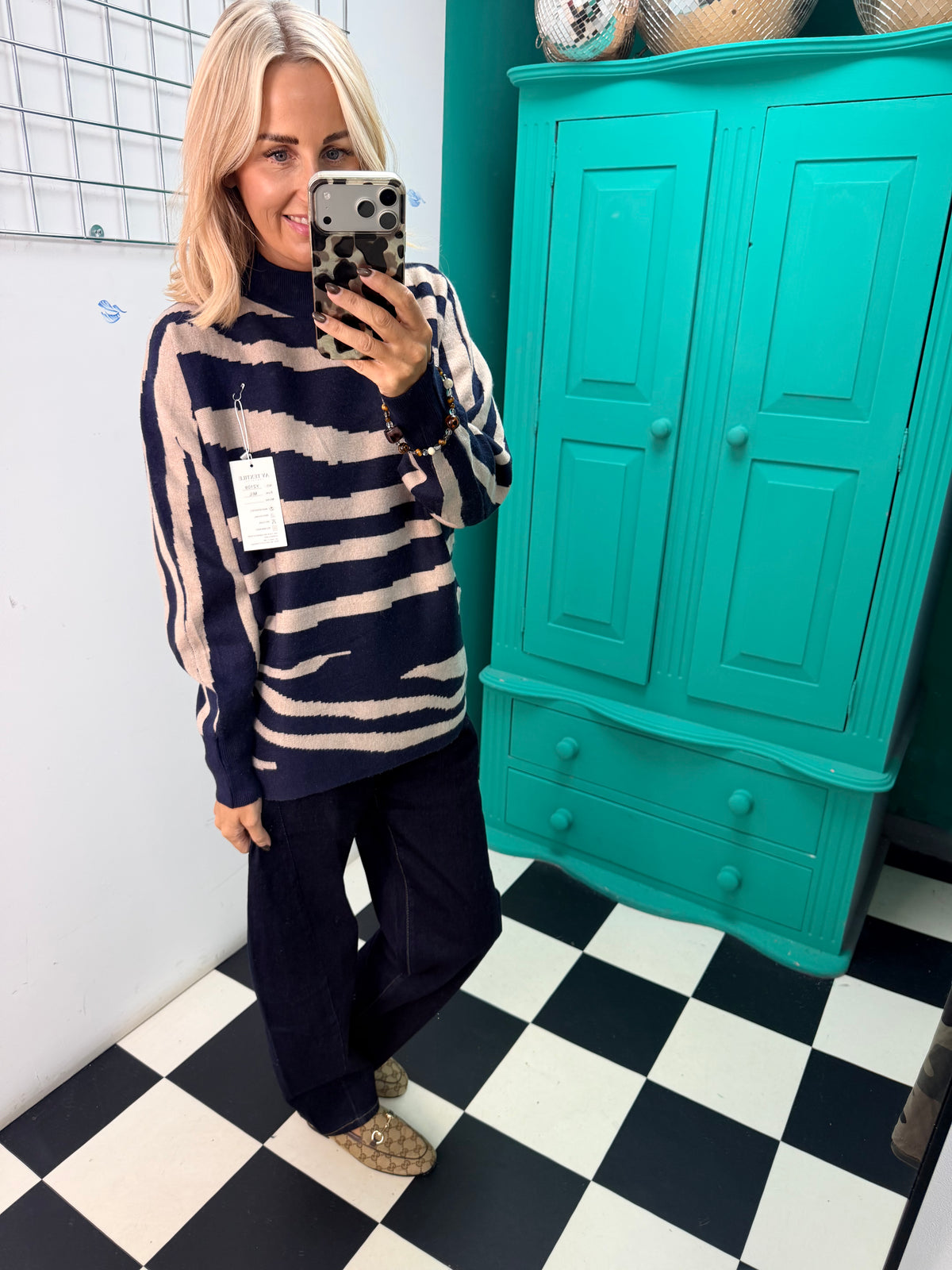 Turtle Neck Jumper Lightning Print Navy Special Buy