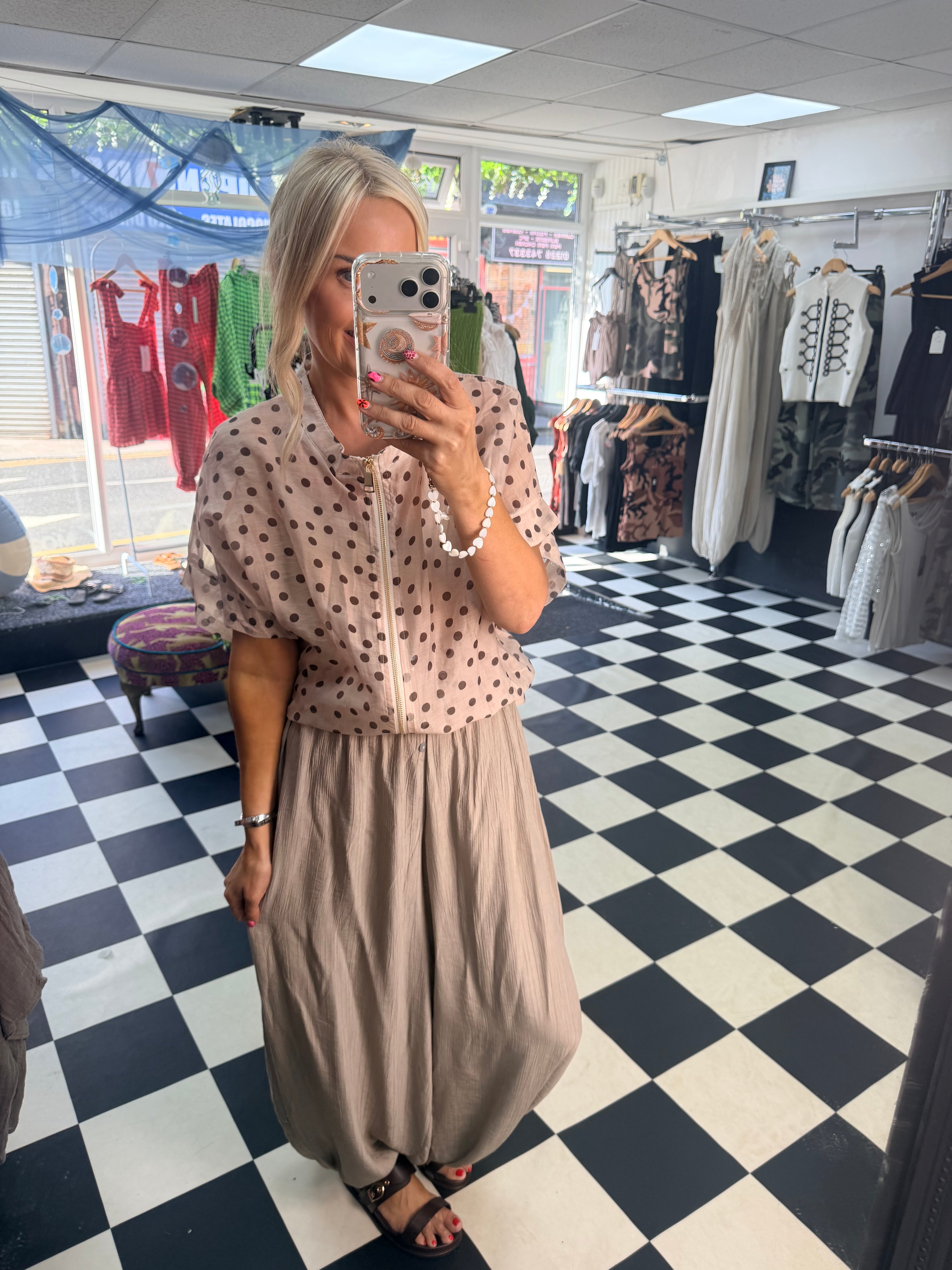 Lightweight Cropped Sleeve Jacket - Cream Polka Dot
