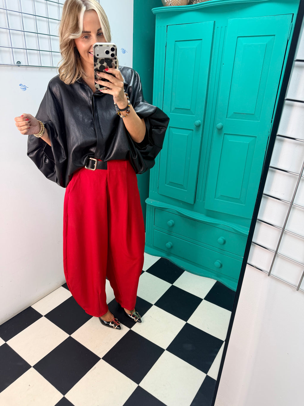 The Harper Half Belt Barrel Trousers Red Pre Order Due in within a week