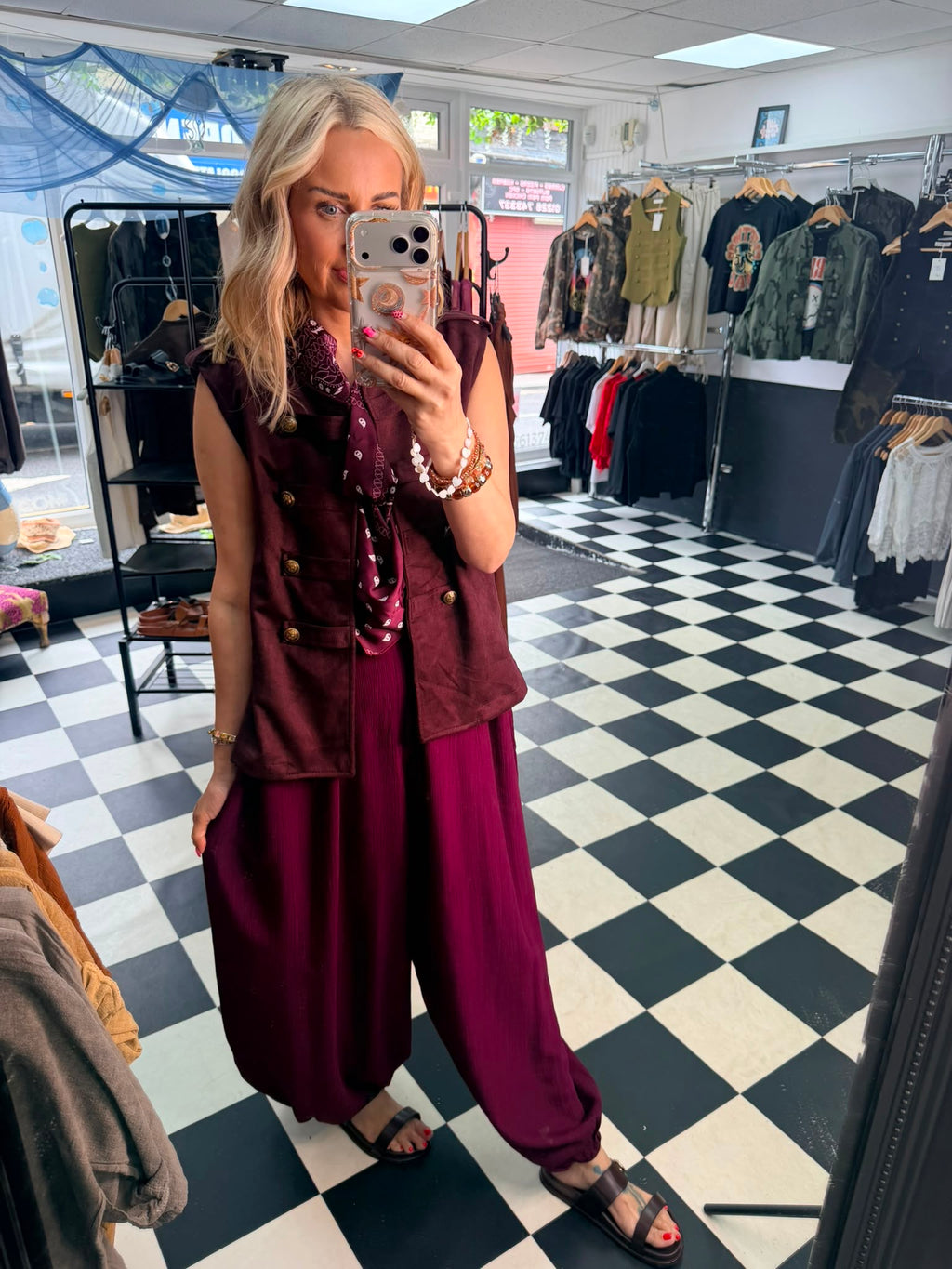 Faux suede military waistcoat -wine