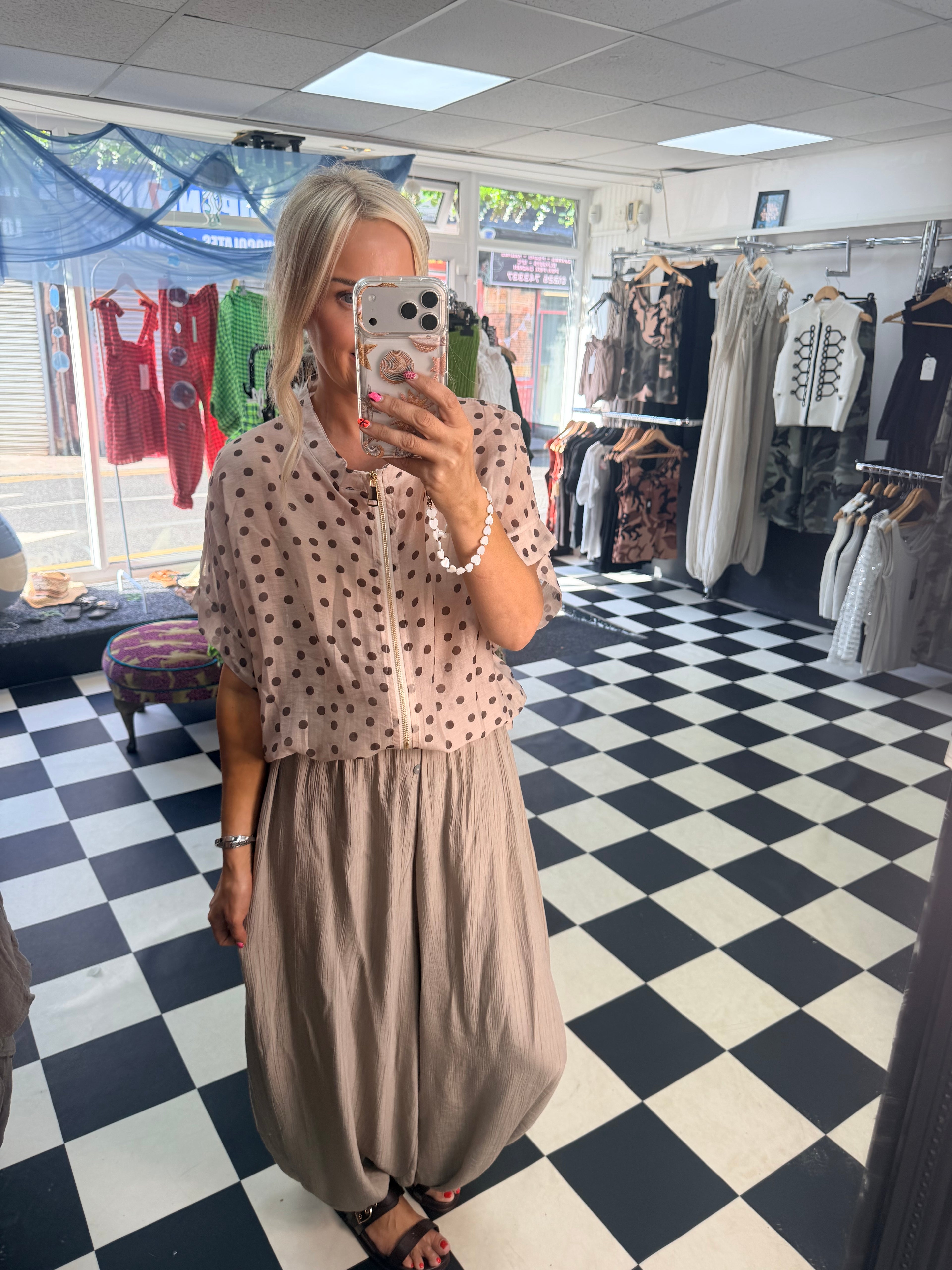 Lightweight Cropped Sleeve Jacket - Cream Polka Dot