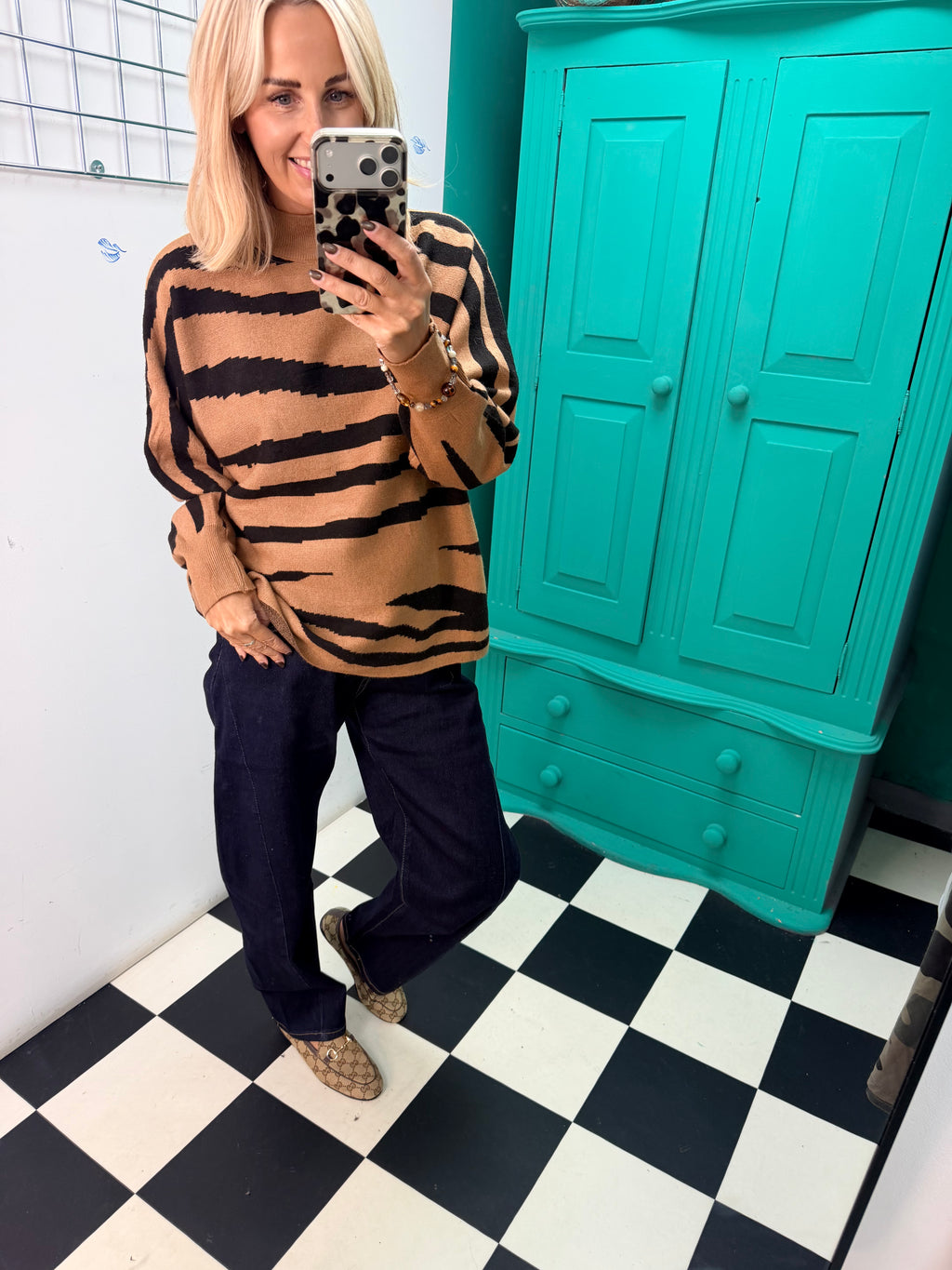 Turtle Neck Jumper Lightning Print Tan Special Buy